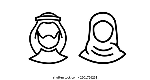 Saudi People line icon. Man and Woman in traditional Muslim shemakh head scarf. Arab couple outline shape. Vector illustration editable stroke