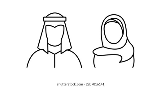 Saudi People Line Icon. Man And Woman In Traditional Muslim Shemakh Head Scarf. Arab Couple Outline Shape. Vector Illustration Editable Stroke