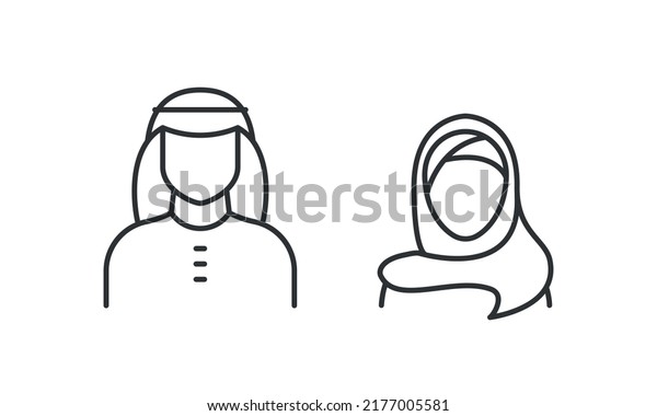 Saudi People line icon. Man and Woman in\
traditional Muslim shemakh head scarf. Arab couple outline shape.\
Vector illustration  editable\
stroke