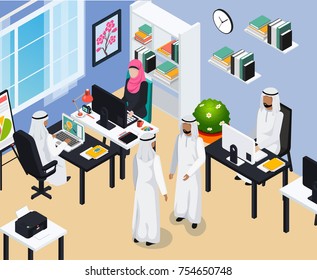 Saudi people at workplaces and during communication in modern office with blue walls isometric composition vector illustration