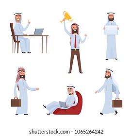 Saudi peoples at work. Arabic cartoon characters. Arabic saudi male people characters arabian business man. Vector illustration
