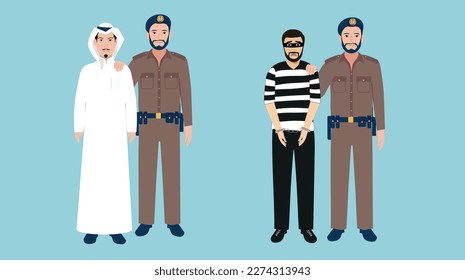 A Saudi policeman and a thief whose hand has been enlarged with handcuffs and another Saudi soldier from the Saudi police forces who arrests the thief and takes him to the police office