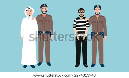 A Saudi policeman and a thief whose hand has been enlarged with handcuffs and another Saudi soldier from the Saudi police forces who arrests the thief and takes him to the police office