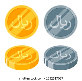 Saudi Riyal Coin golden and silver or metallic coin icon vector Logo illustration design. Translation: SR. Saudi Arabia currency. Payment and finance element. Can be used for web, mobile & infographic