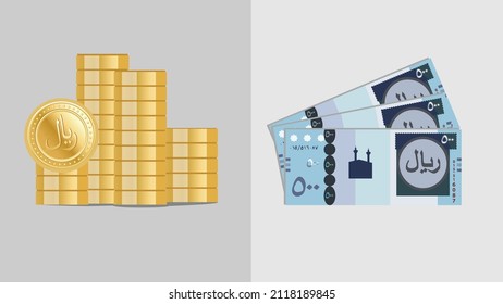 Saudi riyal coins and 500 riyal