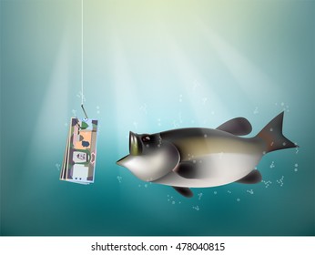 Saudi riyal paper on fish hook, fishing using Saudi riyal money cash as bait, saudi arabia investment risk concept idea