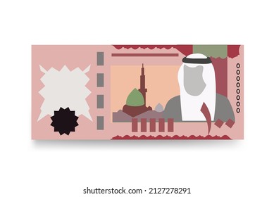 Saudi Riyal Vector Illustration. Saudi Arabia money set bundle banknotes. Paper money 100 SAR. Flat style. Isolated on white background. Simple minimal design.