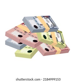 Saudi Riyal Vector Illustration. Saudi Arabia money set bundle banknotes. Paper money 50, 100, 500 SAR. Flat style. Isolated on white background. Simple minimal design.