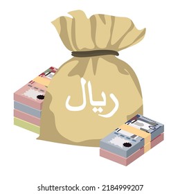 Saudi Riyal Vector Illustration. Saudi Arabia money set bundle banknotes. Money bag 50, 100, 500 SAR. Flat style. Isolated on white background. Simple minimal design.