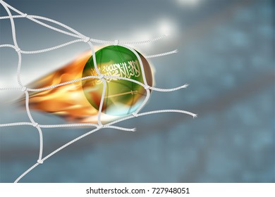 Saudi soccer fire ball hit net of goal on blurry background of crowed of fan in football stadium. This design for template, banner for soccer match result in vector illustration