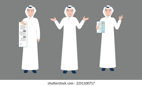 A Saudi student holds a long paper in his hand and another points with the hands of both