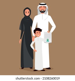 saudi success boy with his parents and hold certification illustration.