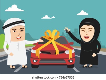 Saudi Woman or Arab Girl being happy after getting Permission to Drive. Arab Husband or Man giving a Car Gift and surprise to his wife. Female Drivers are allowed to have a Driving License now.