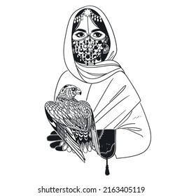 Saudi woman with hawk. Vector hand drawn illustration on white background