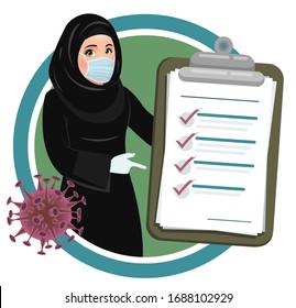 Saudi Woman Wearing Mask To Prevent Corona Virus Infection Spread. Arab Muslim Doctor Girl In Hijab. An Awareness Campaign With Instructions For Protection Against Coronavirus. COVID 19 Disease.