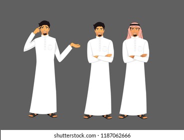 saudischer junger Mann mit und ohne Kopfkleid mit Ausdrücken