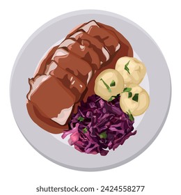 Sauerbraten - Rindereintopf mit Soße serviert mit Kartoffelknödel und Rotkohl-Nahaufnahme auf einem Teller, festliche deutsche Vollabendessen-Vektor-Illustration.