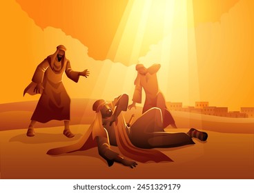 Sauls transformative encounter on the road to Damascus. Saul, later known as Paul, is struck down by divine light, symbolizing the revelation and conversion that would shape the course of Christianity