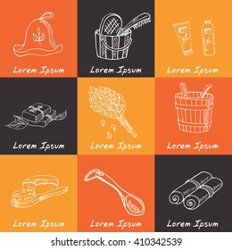Sauna accessories doodle set. Sketch. Hand drawn spa items collection. Vector illustration  for design menus, recipes and packages product.