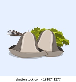 Sauna accessories. Oak broom, hats for bath vector illustration. 