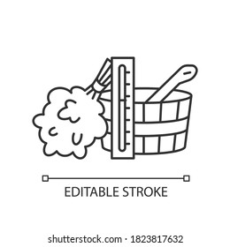 Sauna accessories pixel perfect linear icon. Bathhouse relaxation, steam therapy thin line customizable illustration. Contour symbol. Banya attributes. Vector isolated outline drawing. Editable stroke