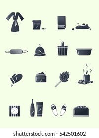 Sauna accessories set. Dark silhouettes icons. 