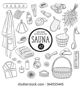 Sauna accessories sketch. Hand drawn spa items collection. Doodle sauna objects isolated on white background. 