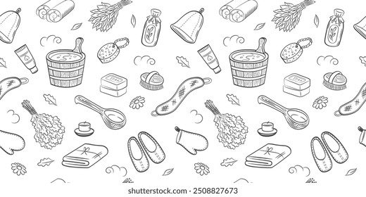 Sauna accessories sketch vector background. Hand drawn spa elements collection. Doodle sauna pattern on white background.