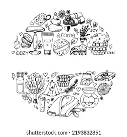 Sauna accessories sketches in circle shape. Hand drawn doodle spa items collection. Vector outline object
