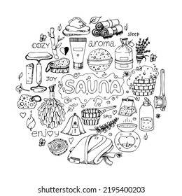 Sauna accessories sketches in circle shape. Hand drawn doodle spa items collection. Vector outline object