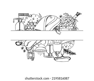 Sauna accessories sketches in circle shape. Hand drawn doodle spa items collection. Vector outline object