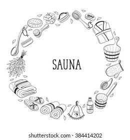 Sauna accessories sketches in  circle shape. Hand drawn spa items collection. Doodle sauna objects isolated on white background. 