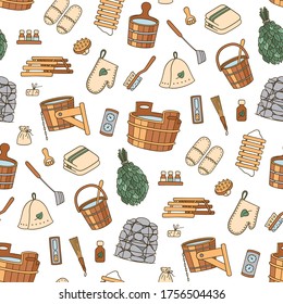 Sauna accessories - washer, broom, tub, bucket, pot and other. Bathhouse wooden accessories. Hand drawn seamless pattern. Vector illustration in doodle style on white background.