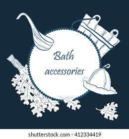 Sauna background in hand drawn style: a broom, a hat, a bunch of steam. For recreation, health or treatment concept for your design