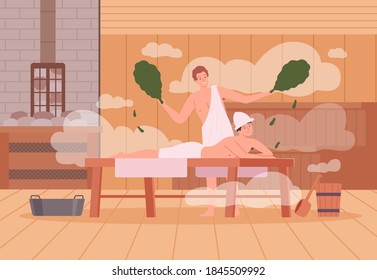 Sauna background. Spa relax warm therapy people hot steam in sauna bathing characters vector cartoon illustration