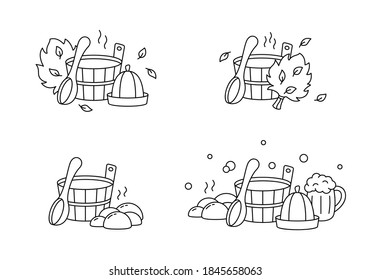 Sauna or banya, labels set for coloring. Linear emblem of classic bath tools. Black illustration of wooden tub, ladle, spoon, hat, broom, beer mug, bubbles. Contour isolated vector, white background