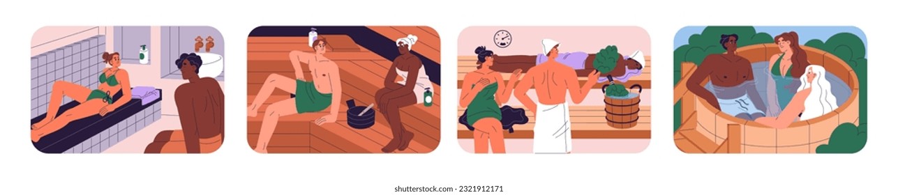 Sauna and banya set. People, friends, men and women relaxing in steam rooms, bathing in hot buckets, resting on wooden benches with herb branches. Thermal spa and wellness. Flat vector illustrations