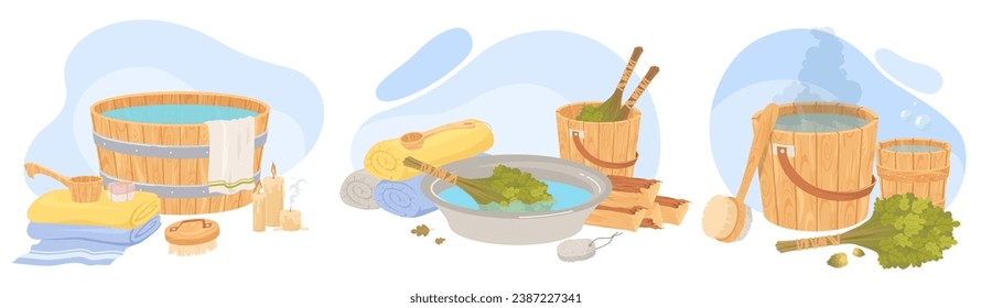 Sauna or banya tools and equipment composition isolated set. Wooden tub with hot water, ladle or spoon, folded stack of towels, oak brooms and brush, burning candles vector illustration