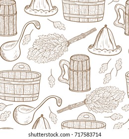 Sauna, bath. Background, wallpaper, seamless. Hat, broom, basin, bucket, mug. Sketch. Monochrome.