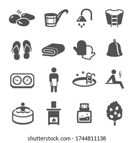 Sauna, bath black icons set isolated on white. Wellness, spa, health and body care pictograms collection, logos. Recreation, relaxation, rehabilitation, bathhouse vector elements for infographic, web.