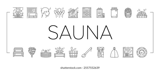 sauna bath spa relax steam room icons set vector. wellness towel, woman hot, beauty shower, wooden aromatherapy, care hygiene sauna bath spa relax steam room black contour illustrations