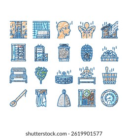 sauna bath spa relax steam room doodle icons set vector. wellness towel, woman hot, beauty shower, wooden aromatherapy, care hygiene sauna bath spa relax steam room sketch hand drawn