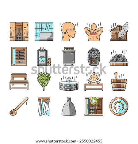 sauna bath spa relax steam room icons set vector. wellness towel, woman hot, beauty shower, wooden aromatherapy, care hygiene sauna bath spa relax steam room color line illustrations