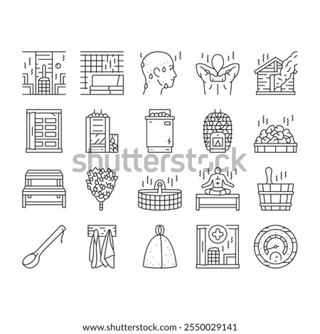 sauna bath spa relax steam room icons set vector. wellness towel, woman hot, beauty shower, wooden aromatherapy, care hygiene sauna bath spa relax steam room black contour illustrations