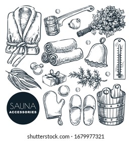 Sauna and bathhouse accessories and equipment set. Vector hand drawn sketch illustration. Bath and spa isolated design elements. Wooden bucket, birch broom, ladle and bathrobe doodle icons.