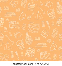 Sauna and Bathhouse accessories - washer, broom, tub, bucket, pot and other. Hand drawn seamless pattern. Vector illustration in doodle style