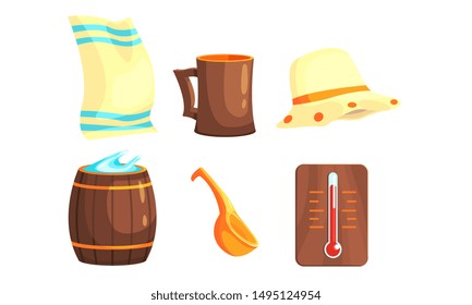 Sauna or Bathhouse Equipment Set, Towel, Hat, Wooden Barrel, Ladle, Thermometer Vector Illustration