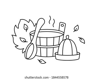 Sauna Or Bathhouse, Line Art Emblem For Coloring. Bath Tools For Russian Banya. Black Illustration Of Wooden Tub, Ladle, Hat, Broom, Leaves, Hot Steam. Contour Isolated Vector Icon, White Background