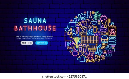 Sauna Bathhouse Neon Banner Design. Vector Illustration of Washing Procedure. Clean and Wash. Glowing Led Lamp Promotion.