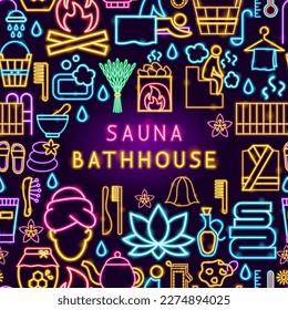 Sauna Bathhouse Neon Frame. Ilustración vectorial del procedimiento de lavado. Limpiar y lavar. Promoción de la lámpara de pie brillante.
